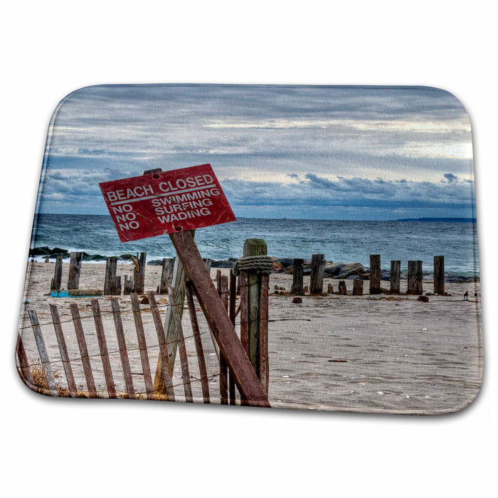 Dish Drying Mat - Beach Closed red sign in color, sand ocean, beach fence. Sea Scapes