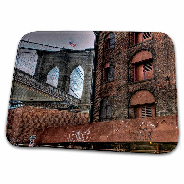 Dish Drying Mat - Brooklyn Bridge, DUMBO, American Flag on top of bridge NYC