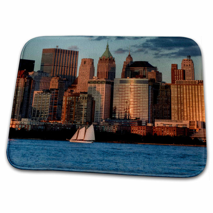 Dish Drying Mat - NYC Skyline, sailing boat on Hudson river, late afternoon. NYC