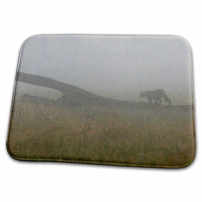 Dish Drying Mat - Leopard walking on a downed tree in the fog, Tanzania Tanzania