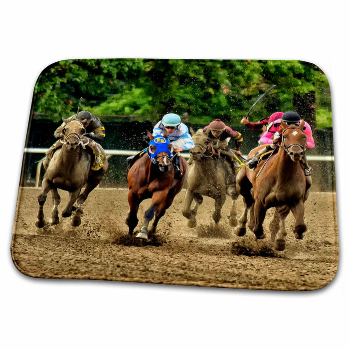 Dish Drying Mat - Horses and jockeys racing to finish line, mud flying Animals