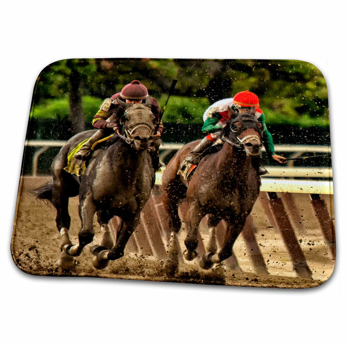 Dish Drying Mat - two horses and jockeys racing to finish line, mud flying. Animals