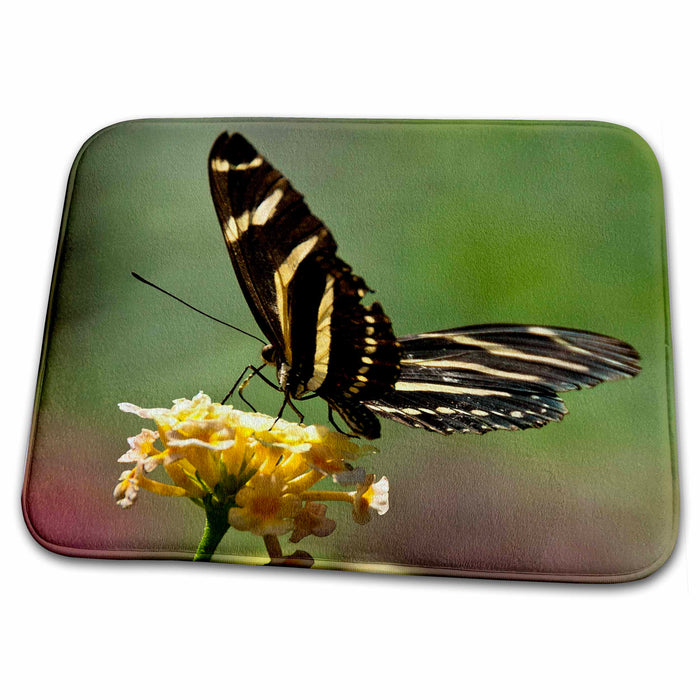 Dish Drying Mat - Butterfly, black and yellow on yellow flower Floral