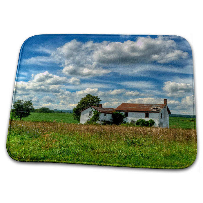 Dish Drying Mat - Old farmhouse, blue skies, clouds, grass Photography