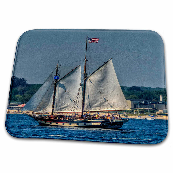 Dish Drying Mat - Sailing 3 masted ship, American Flag at top Sea Scapes