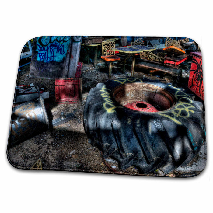 Dish Drying Mat - abandoned warehouse, with old tires and graffiti Photography