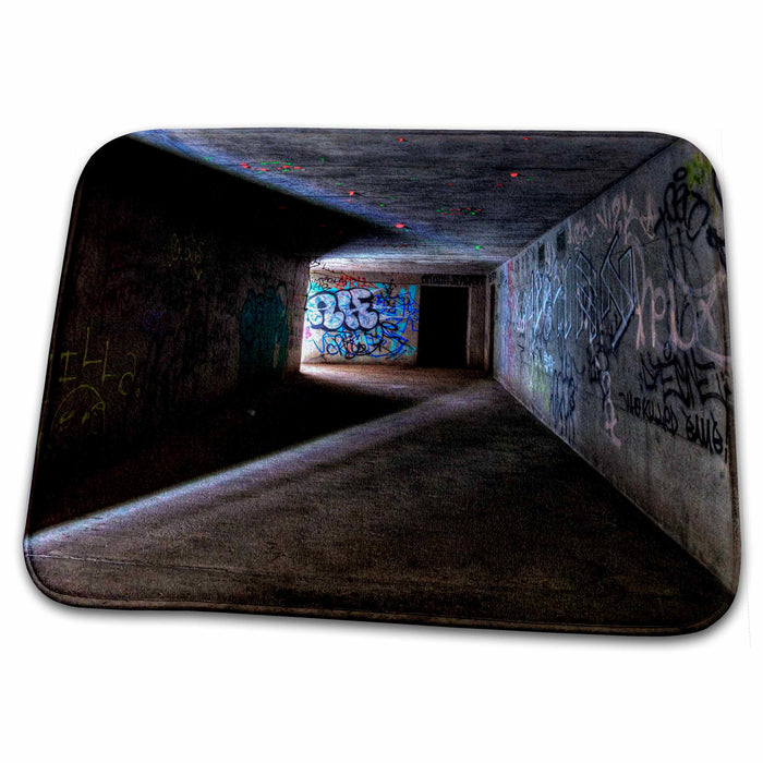 Dish Drying Mat - Abandoned tunnel with graffiti and light streaming thru Photography