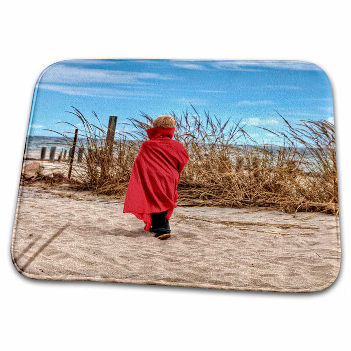 Dish Drying Mat - little boy with Red cape walking in the sand. Sea Scapes