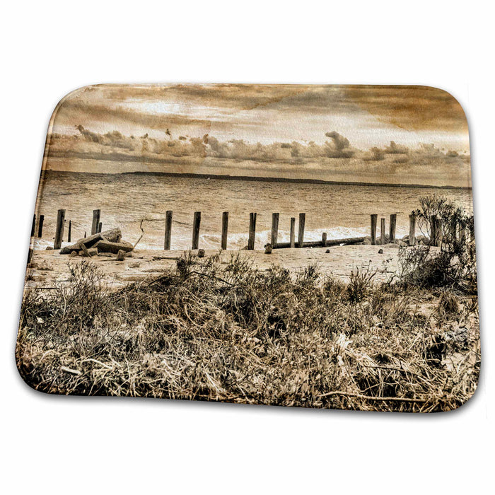 Dish Drying Mat - Sepia beach scene, clouds, water, sand Sea Scapes