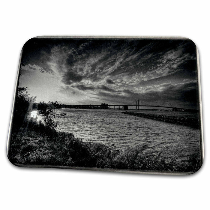 Dish Drying Mat - black and white photos of water with bridge in background. Sea Scapes