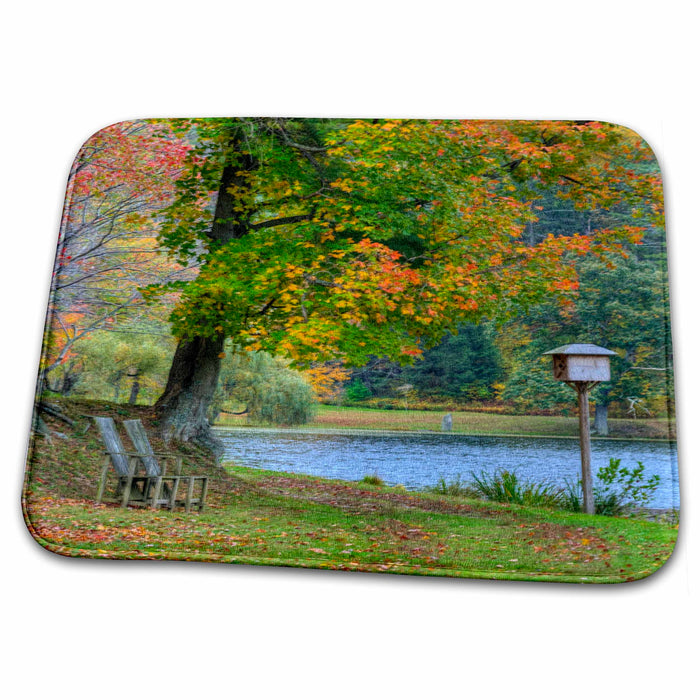 Dish Drying Mat - fall colors on trees near a lake, with 2 chairs Photography