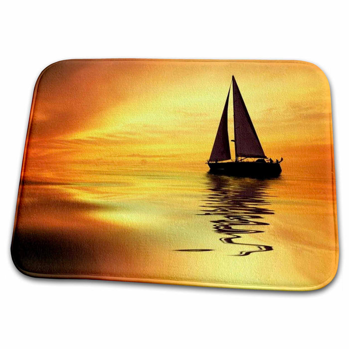 Dish Drying Mat - Sailing In Orange n Yellow Waters Boat and Sunset