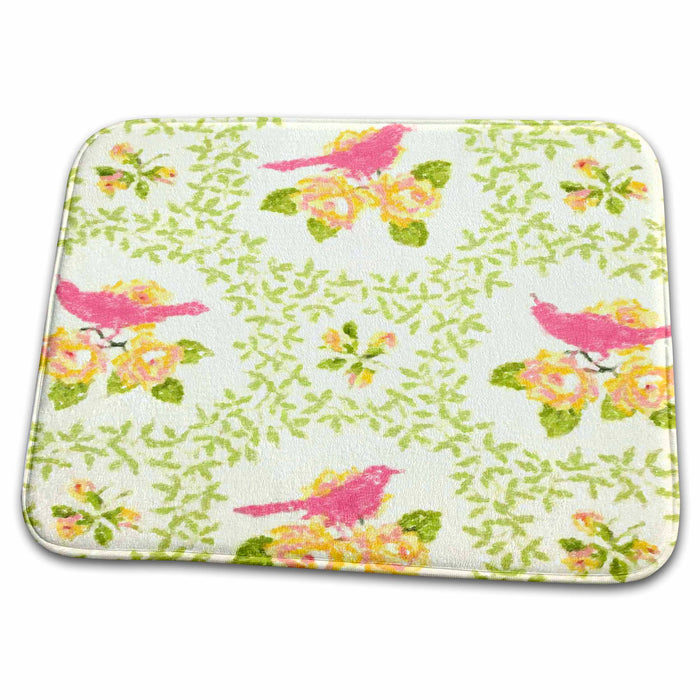 Dish Drying Mat - Vintage Painting Of Pink Birds In Green Garland.jpg Designer Plaids and Pattern