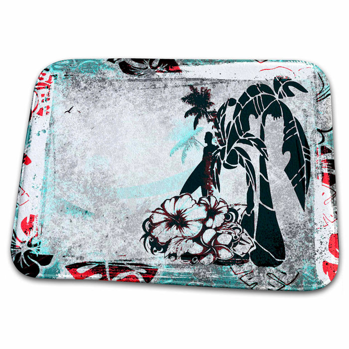 Dish Drying Mat - Tribal Black Surfer with Hawaii flowers and beach wave background Surfing Art