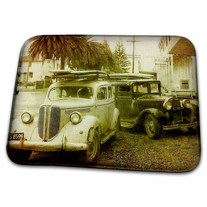 Dish Drying Mat - Vintage classic old Woody Surf Car Surfing Art