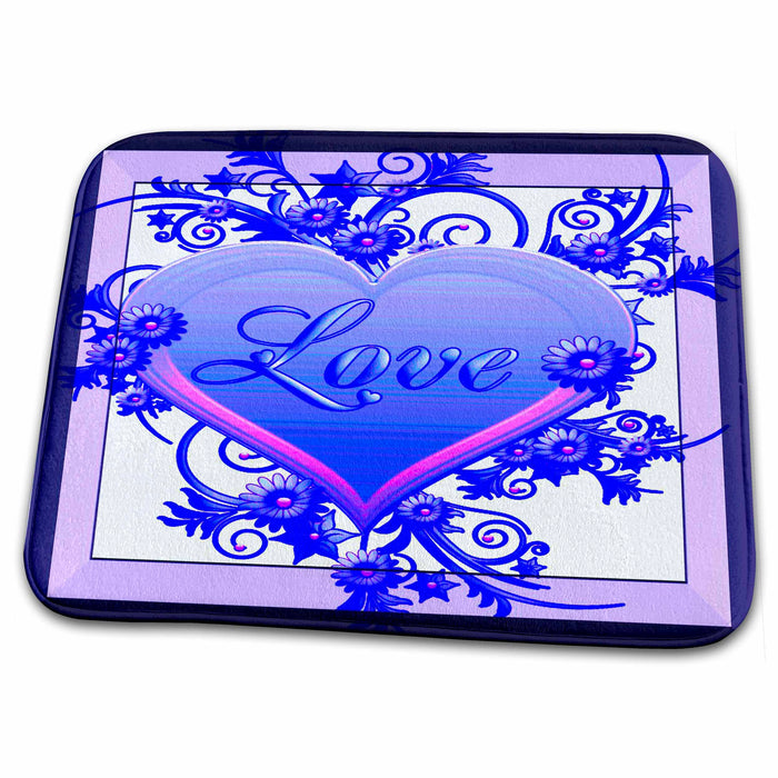 Dish Drying Mat - Pretty Blues and Pink Heart Art Love