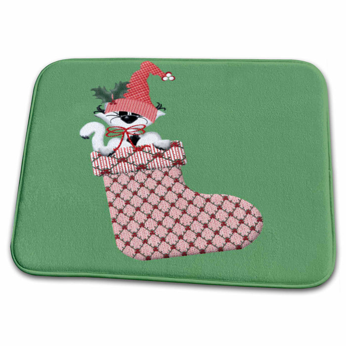 Dish Drying Mat - Cat in Checked Christmas Stocking Christmas