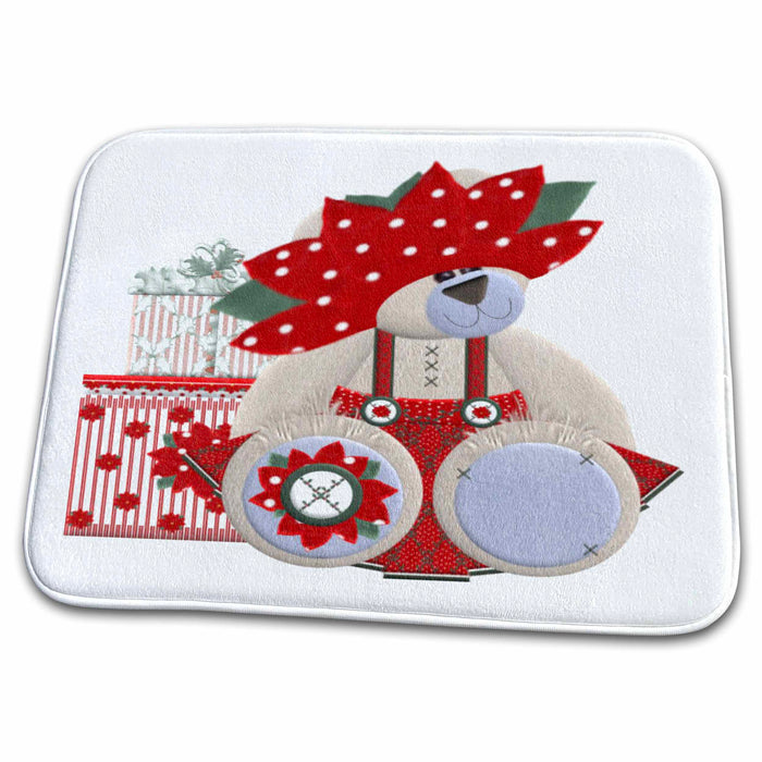 Dish Drying Mat - Pointsettia Bear Christmas