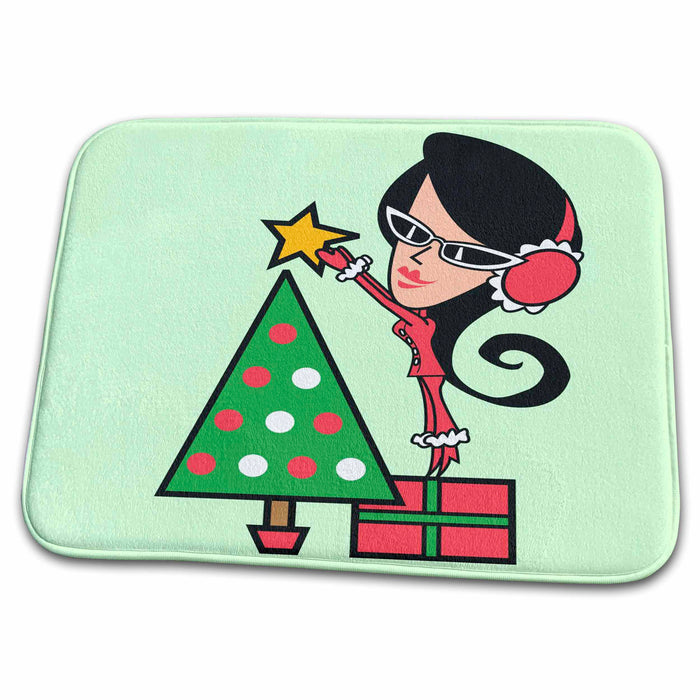 Dish Drying Mat - Retro Girl Decorating Christmas Tree Christmas