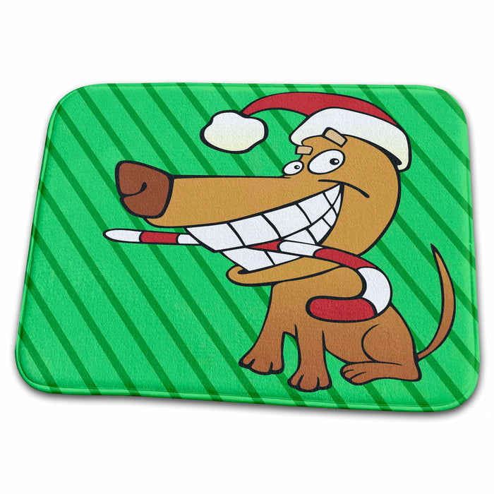 Dish Drying Mat - Santa Dog With Candy Cane Christmas