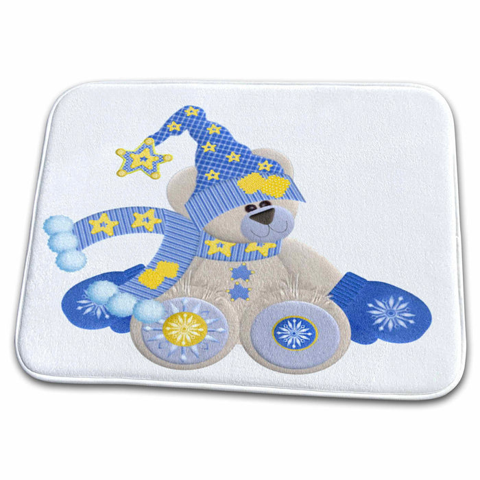 Dish Drying Mat - Winter Bear in Blue and Gold Winter