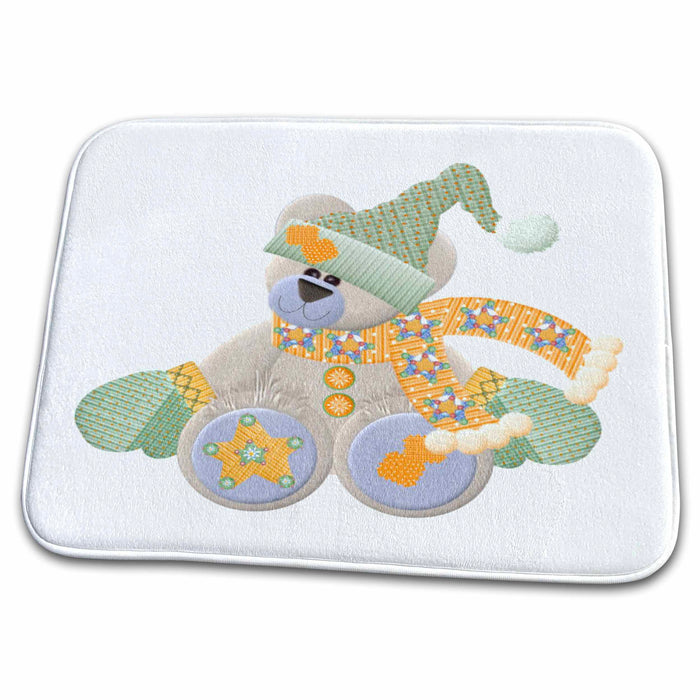 Dish Drying Mat - Winter Bear in Green and Orange Winter