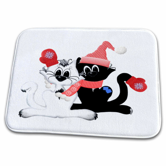 Dish Drying Mat - Winter Black and White Cats Winter