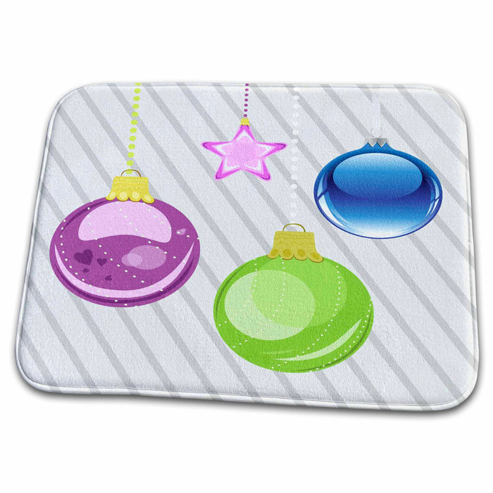 Dish Drying Mat - Gray Stripes and Christmas Ornaments TNMPastPerfect Christmas