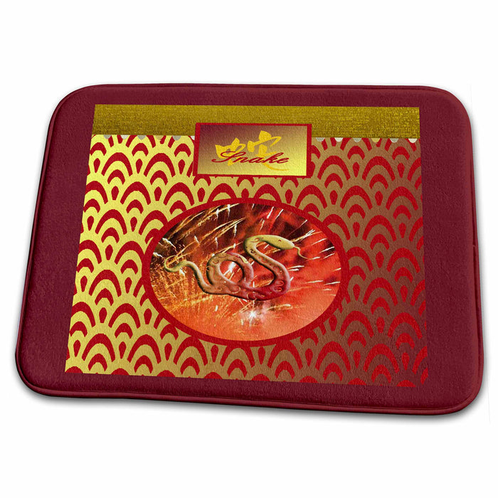 Dish Drying Mat - Snake with Snake in Chinese on Fireworks, Bright Gold and Red Chinese New Year Design