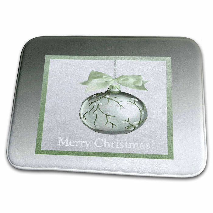 Dish Drying Mat - Christmas Ornament White Berry Vine with Bow, Silver and Pastel Green Christmas Design