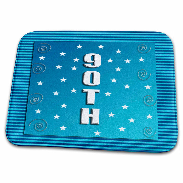 Dish Drying Mat - Stars and Curls on Blue Lined Pattern, 90th Birthday Design