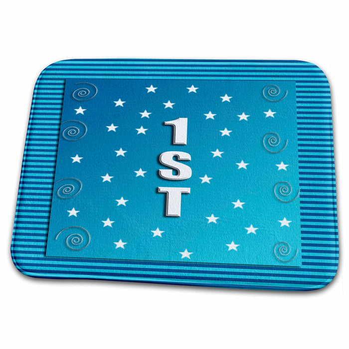 Dish Drying Mat - Stars and Curls on Blue Lined Pattern, 1st Birthday Design