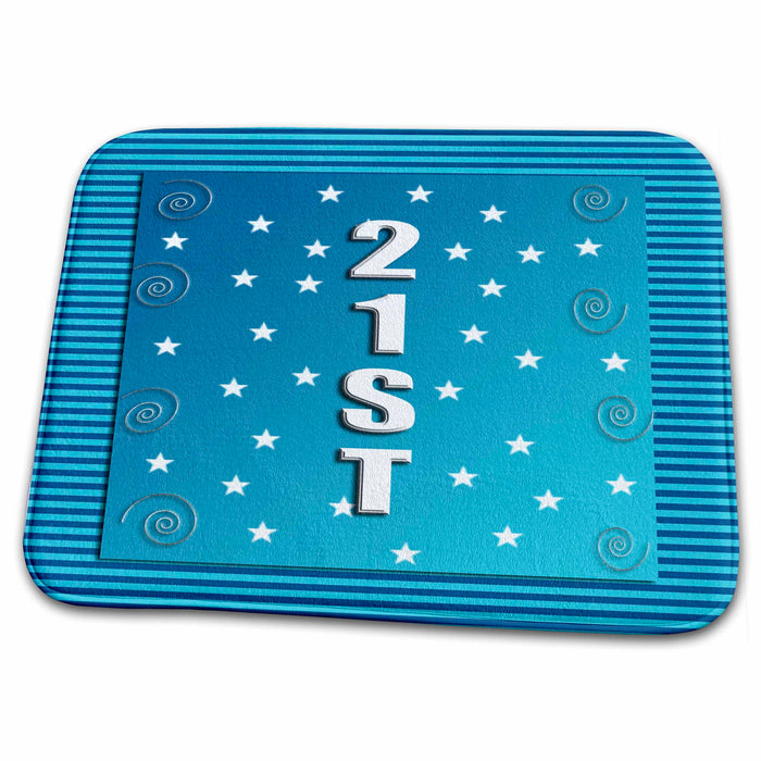 Dish Drying Mat - Stars and Curls on Blue Lined Pattern, 21st Birthday Design