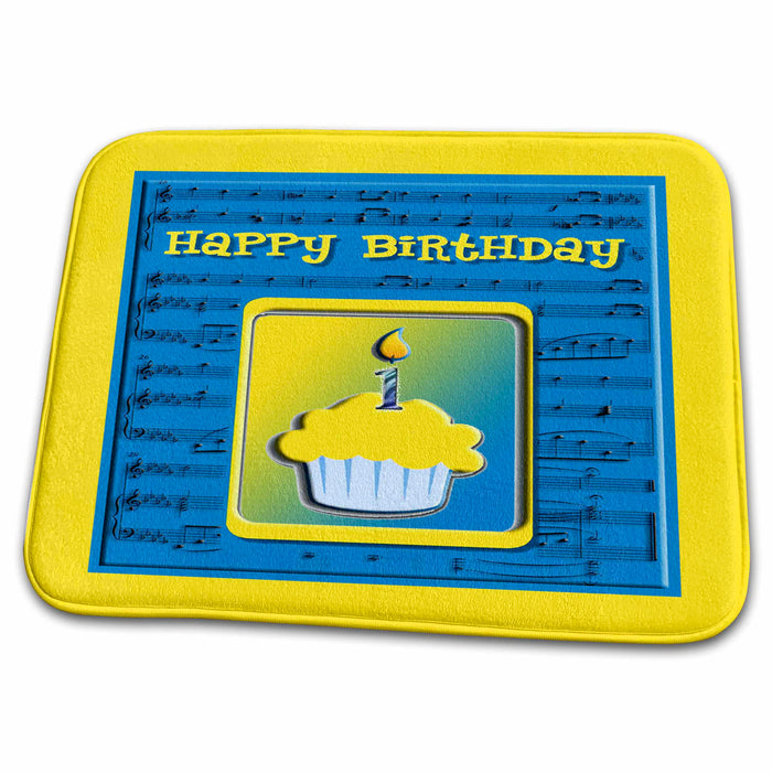 Dish Drying Mat - 1st Birthday Cupcake on Music Notes, Blue and Yellow Birthday Design