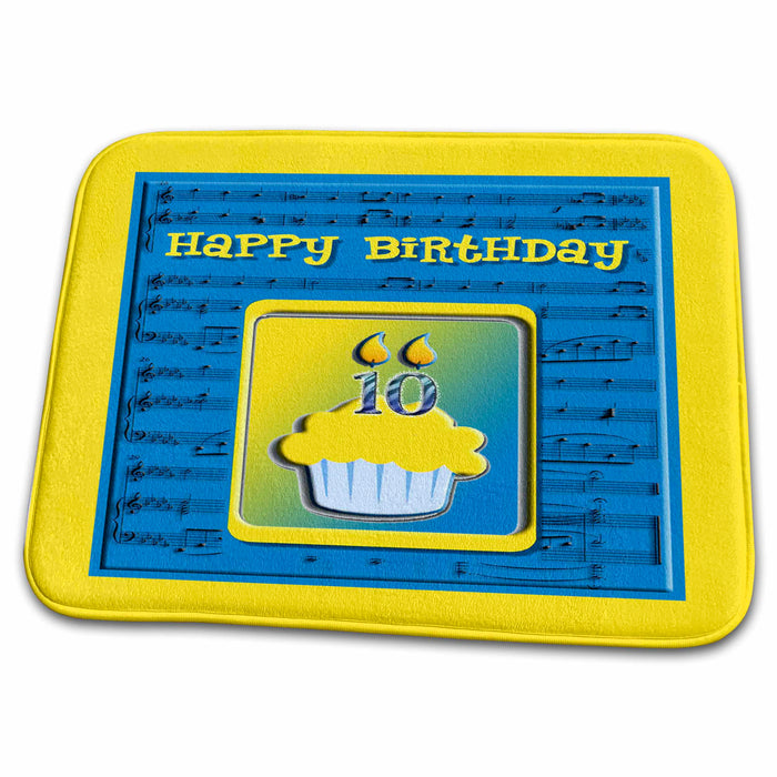 Dish Drying Mat - 10th Birthday Cupcake on Music Notes, Blue and Yellow Birthday Design