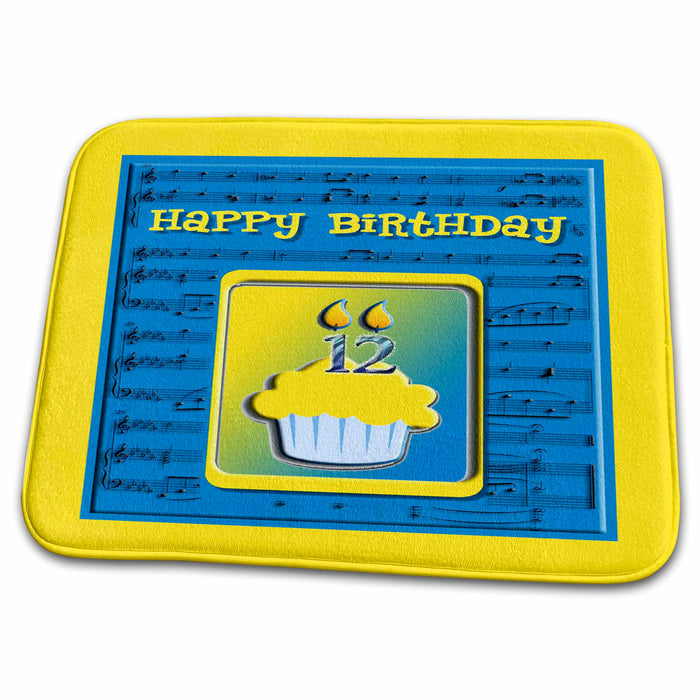 Dish Drying Mat - 12th Birthday Cupcake on Music Notes, Blue and Yellow Birthday Design