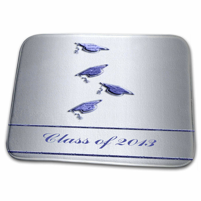 Dish Drying Mat - Caps and Diplomas, Class of 2013, Blue on Silver Graduation Design