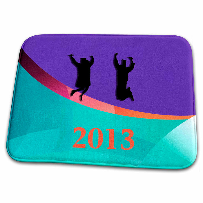 Dish Drying Mat - Graduates Jumping, Class of 2013, Purple and Aqua Green Graduation Design