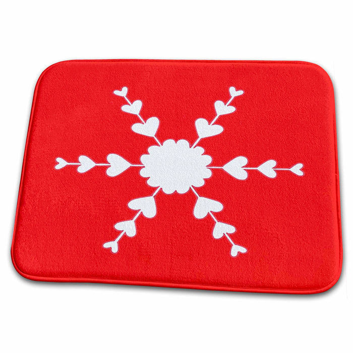 Dish Drying Mat - White Heart Snowflake on Red sArt Holidays Valentines Day