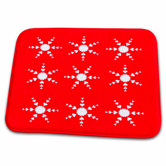 Dish Drying Mat - Pattern of White Heart Snowflakes on Red sArt Holidays Valentines Day