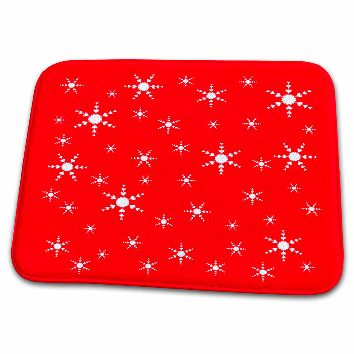 Dish Drying Mat - Random Pattern of White Heart Snowflakes in Different Sizes on Red sArt Holidays Valentines Day