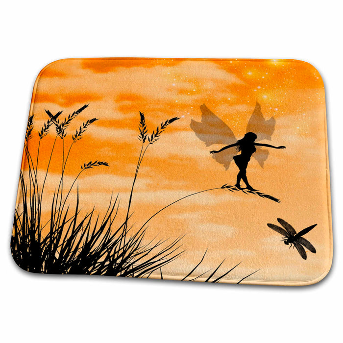 Dish Drying Mat - Fairy Silhouette with Dragonfly and Orange Sky Fairies