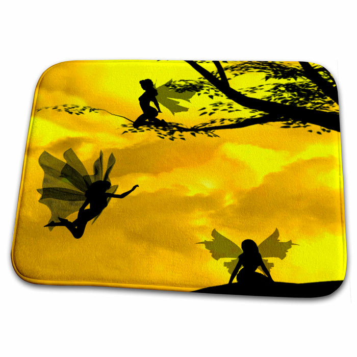 Dish Drying Mat - Fairy Sisters Silhouettes In Tree with Golden Sun Fairies