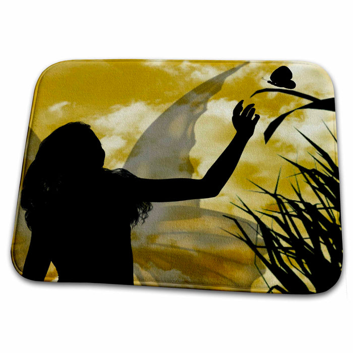 Dish Drying Mat - Fairy Silhouette with Butterfly and Golden Sky Fairies