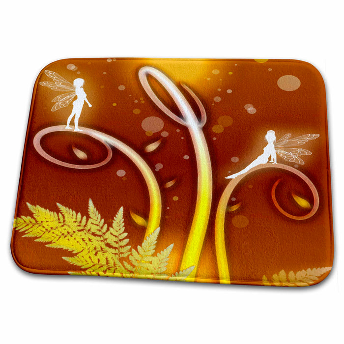 Dish Drying Mat - Fairies With Ferns and Fractals On Bronze Background Fairies