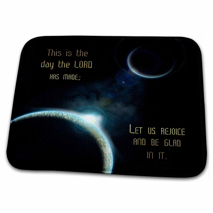 Dish Drying Mat - A sun announcing a new dawn over a solar system with the bible verse psalm 118 verse 24 Space Fantasy