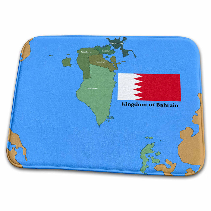 Dish Drying Mat - The flag and map of the Persian gulf country, Kingdom of Bahrain with all governing regions marked. Flags and Maps