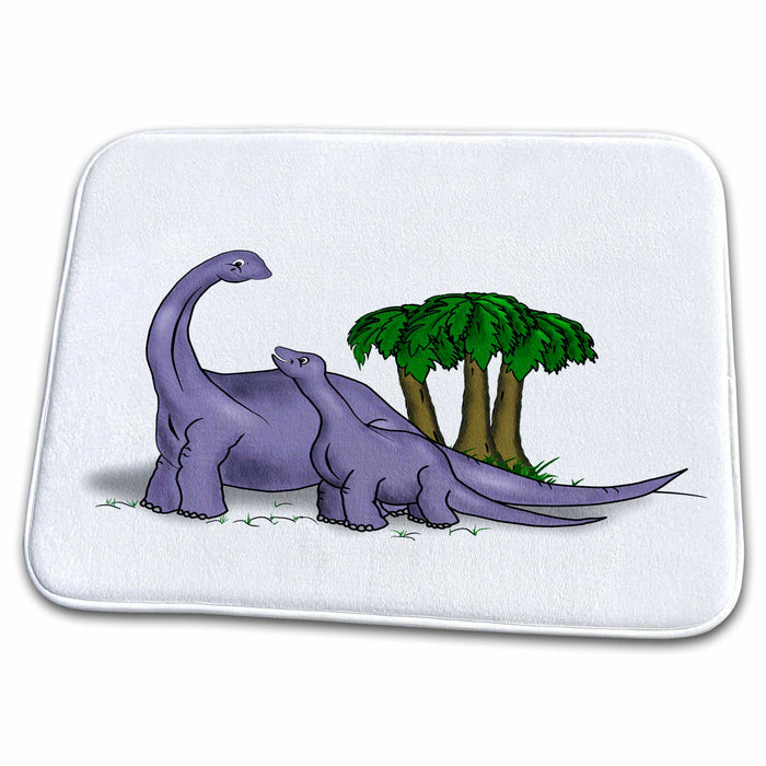 Dish Drying Mat - Cartoon mother Apatosaurus or Brontosaurus dinosaur looking lovingly at its baby. Designs Cartoons