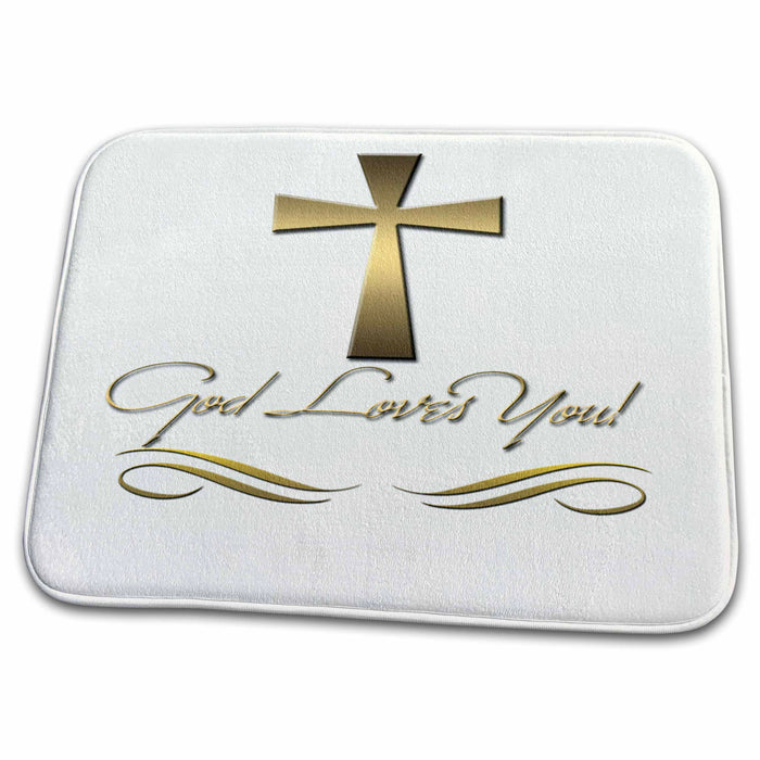 Dish Drying Mat - God Loves You in gold colors with a gold colored cross on a creme background. Designs Christian