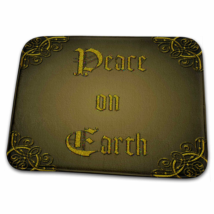 Dish Drying Mat - Sparkling golden Peace On Earth text design on a coffee colored background Designs Holidays